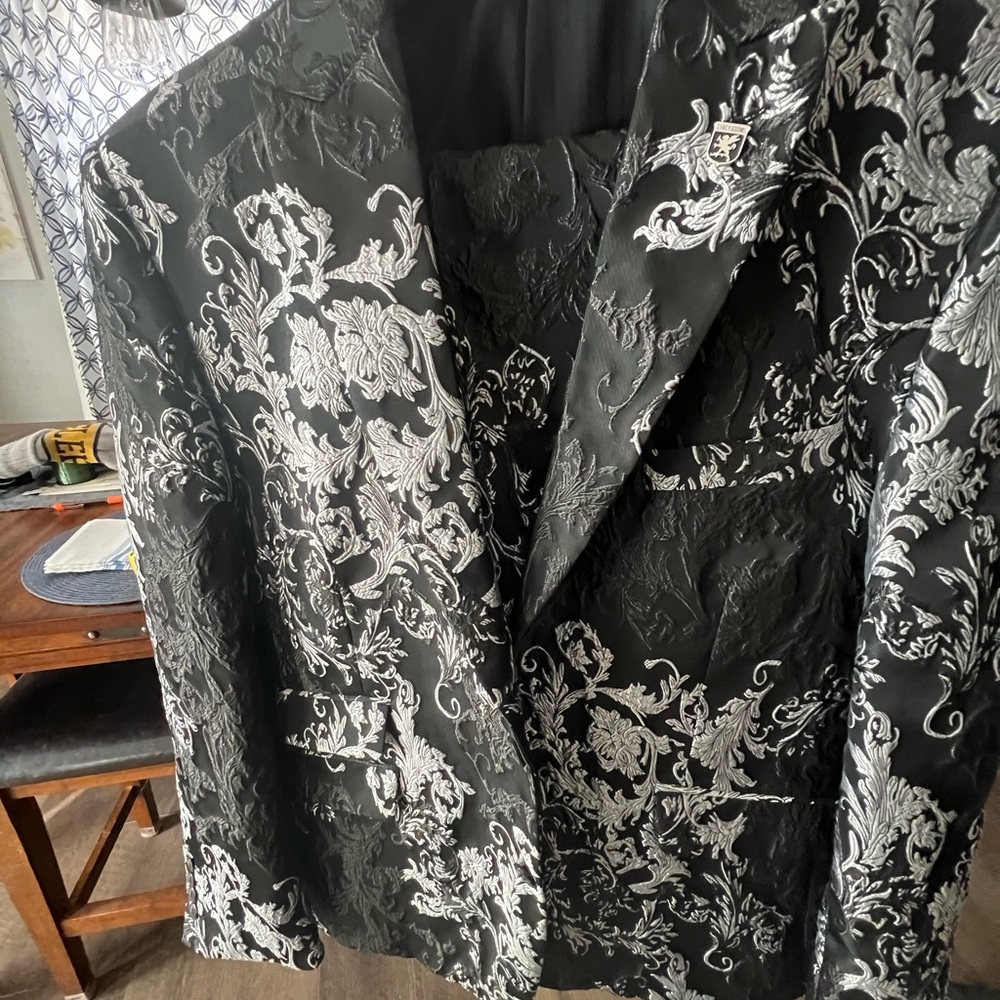 Stacy Adams Black and Silver Tuxedo with Floral Brocade